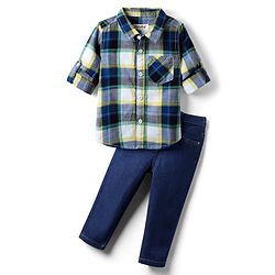 Babyhug Cotton Woven Full Sleeves Checkered Shirt & Denim Jeans Set - Navy Blue