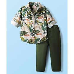 Babyhug 100% Cotton Woven Full Sleeves Shirt & Trouser Set With Leaf Print - Olive Green