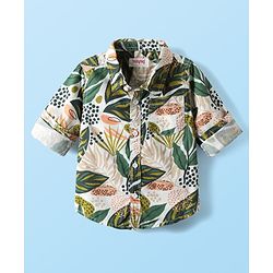Babyhug 100% Cotton Woven Full Sleeves Shirt & Trouser Set With Leaf Print - Olive Green