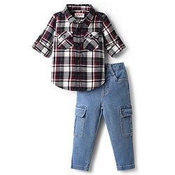 Babyhug Cotton Woven Full Sleeves Checks Shirt & Denim Jeans Set - Blue