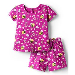 Babyhug Cotton Knit Half Sleeves Shorts Co-ord Night Suit With Bee & Floral Print - Dark Pink