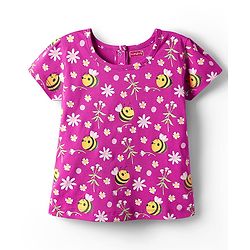 Babyhug Cotton Knit Half Sleeves Shorts Co-ord Night Suit With Bee & Floral Print - Dark Pink