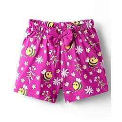 Babyhug Cotton Knit Half Sleeves Shorts Co-ord Night Suit With Bee & Floral Print - Dark Pink