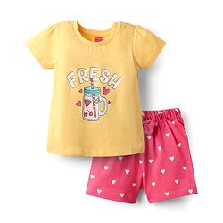 Babyhug Cotton Knit Half Sleeves Shorts Night Suit With Fresh Text Print & Bow Applique  - Yellow & Pink