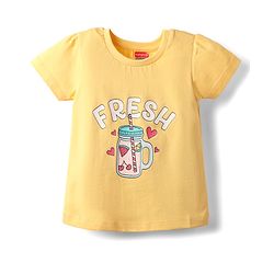 Babyhug Cotton Knit Half Sleeves Shorts Night Suit With Fresh Text Print & Bow Applique  - Yellow & Pink
