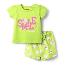Babyhug Cotton Knit Half Sleeves Shorts Night Suit With Smile Text Print - Lime Green
