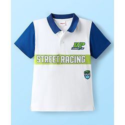 Babyhug 100% Cotton Knit Half Sleeve Polo T-Shirt with Street Racing Text Print - White & Blue