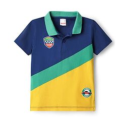Babyhug 100% Cotton Knit Half Sleeves Cut & Sew Polo T-Shirt With Badge Print - Navy Blue & Yellow