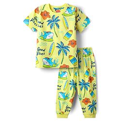 Babyhug Cotton Knit Half Sleeves Co-Ord Night Suit With Beach Theme Print - Yellow