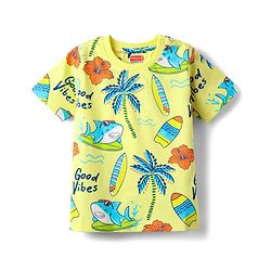Babyhug Cotton Knit Half Sleeves Co-Ord Night Suit With Beach Theme Print - Yellow