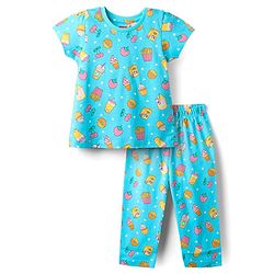 Babyhug Cotton Knit Half Sleeves Co-Ord Night Suit With Tropical Print - Light Blue