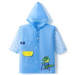 Babyhug Full Sleeves Below Knee Length Hooded Raincoat With Dinosaur & Star Print - Blue