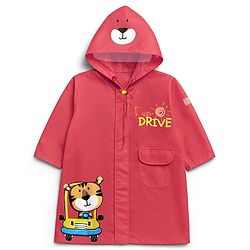 Babyhug Full Sleeves Hooded Raincoat With Tiger Print - Red