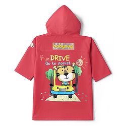 Babyhug Full Sleeves Hooded Raincoat With Tiger Print - Red