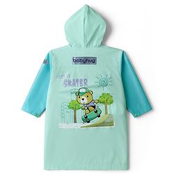 Babyhug Full Sleeves Hooded Raincoat with Teddy Print - Aqua Blue