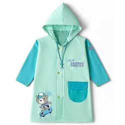 Babyhug Full Sleeves Hooded Raincoat with Teddy Print - Aqua Blue