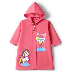Babyhug Full Sleeves Below Knee Length Hooded Raincoat With Unicorn Print - Pink