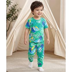 Babyhug Cotton Knit Half Sleeves Co-Ord Night Suit With Dolphin & Leaf Print - Green