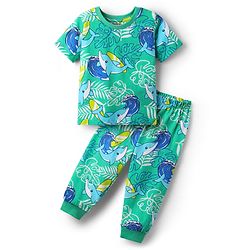 Babyhug Cotton Knit Half Sleeves Co-Ord Night Suit With Dolphin & Leaf Print - Green