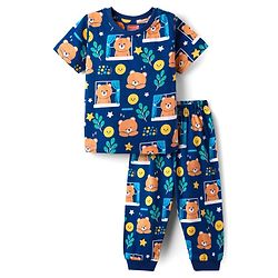 Babyhug Cotton Knit Half Sleeves Co-Ord Night Suit With Animal  Print - Navy Blue