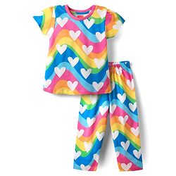 Babyhug Cotton Knit Half Sleeves Co-Ord Night Suit With Heart Print - Pink & Blue