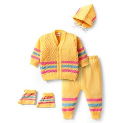 Babyhug Knitted Full Sleeves Striped Front Open Sweater Set with Booties & Cap - Yellow