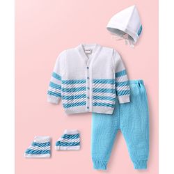 Babyhug Knitted Full Sleeves Striped Baby Sweater Set with Cap & Booties - White & Red