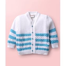 Babyhug Knitted Full Sleeves Striped Baby Sweater Set with Cap & Booties - White & Red