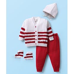 Babyhug Knitted Full Sleeves Striped Baby Sweater Set with Cap & Booties - White & Red