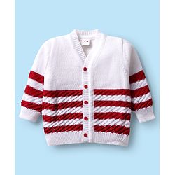 Babyhug Knitted Full Sleeves Striped Baby Sweater Set with Cap & Booties - White & Red