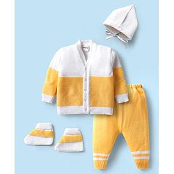 Babyhug Knitted Full Sleeves Color Block Front Open Sweater with Booties & Cap 4 Piece Set - Yellow & White