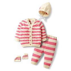 Babyhug Knit Full Sleeves Front Open Co-Ord Sweater Set with Stripe Design Cap with Knot & Booties - Pink & White