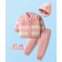 Babyhug Knit Full Sleeves Front Open Sweater Set with Stripe Design Cap with Knot & Booties - Pink & White