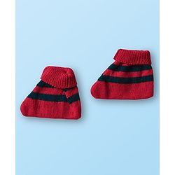 Babyhug Knit Front Open Striped & Color Block Front Open Sweater Set with Cap & Booties - Red & Navy Blue