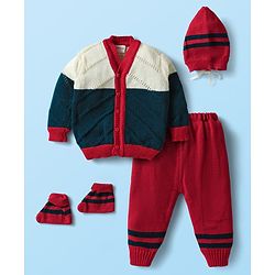 Babyhug Knit Front Open Striped & Color Block Front Open Sweater Set with Cap & Booties - Red & Navy Blue