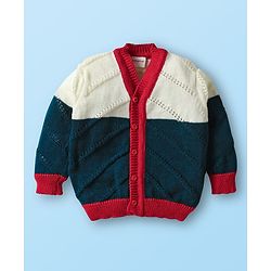Babyhug Knit Front Open Striped & Color Block Front Open Sweater Set with Cap & Booties - Red & Navy Blue