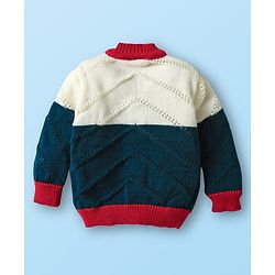 Babyhug Knit Front Open Striped & Color Block Front Open Sweater Set with Cap & Booties - Red & Navy Blue