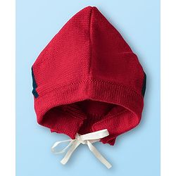Babyhug Knit Front Open Striped & Color Block Front Open Sweater Set with Cap & Booties - Red & Navy Blue