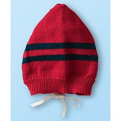 Babyhug Knit Front Open Striped & Color Block Front Open Sweater Set with Cap & Booties - Red & Navy Blue