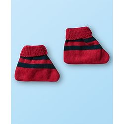 Babyhug Knit Front Open Striped & Color Block Front Open Sweater Set with Cap & Booties - Red & Navy Blue