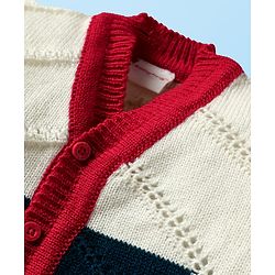 Babyhug Knit Front Open Striped & Color Block Front Open Sweater Set with Cap & Booties - Red & Navy Blue