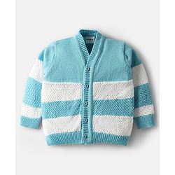Babyhug Knit Full Sleeves Front Open Sweater Set with Stripe Design Cap with Knot & Booties - Blue & White