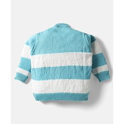 Babyhug Knit Full Sleeves Front Open Sweater Set with Stripe Design Cap with Knot & Booties - Blue & White