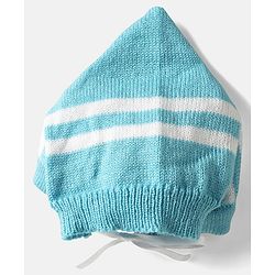 Babyhug Knit Full Sleeves Front Open Sweater Set with Stripe Design Cap with Knot & Booties - Blue & White