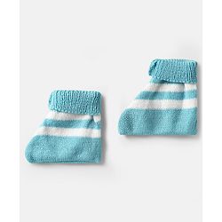 Babyhug Knit Full Sleeves Front Open Sweater Set with Stripe Design Cap with Knot & Booties - Blue & White