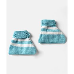 Babyhug Knit Full Sleeves Front Open Sweater Set with Stripe Design Cap with Knot & Booties - Blue & White