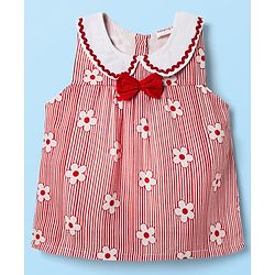 Babyhug Rayon Woven Sleeveless Striped Peter Pan Collared Top with Bow Applique & Floral Print - Red