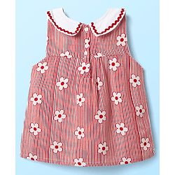 Babyhug Rayon Woven Sleeveless Striped Peter Pan Collared Top with Bow Applique & Floral Print - Red