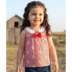 Babyhug Rayon Woven Sleeveless Striped Peter Pan Collared Top with Bow Applique & Floral Print - Red