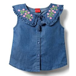 Babyhug Sleeveless Front Open Peter Pan Collared Denim Top with Floral Embroidery - Navy Blue